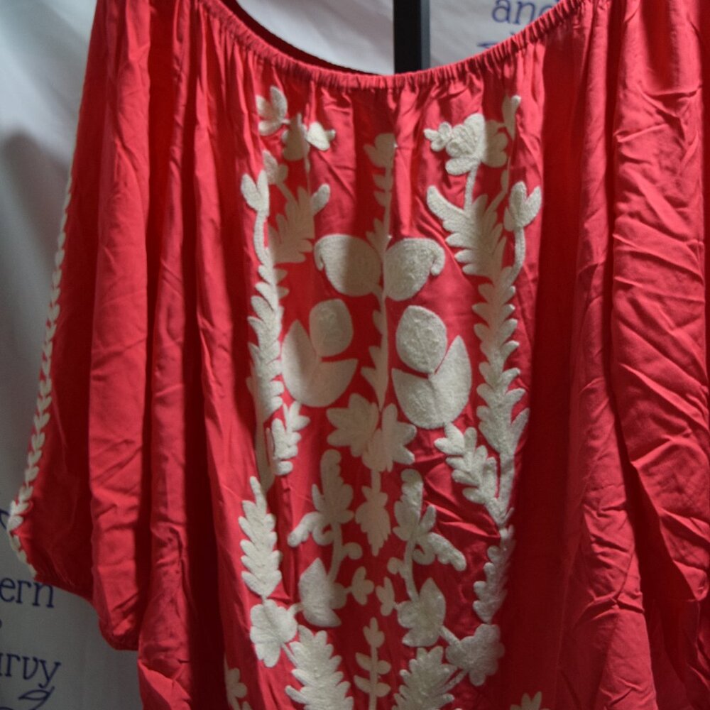 Solitaire Off-Shoulder, Elastic Neck Peasant Blouse, Coral, Size 3X